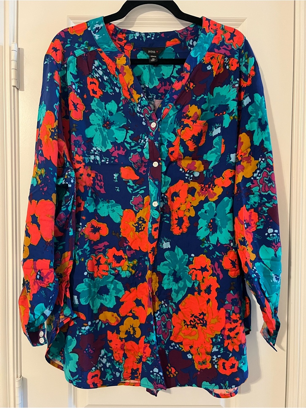 intro. V-Neck Floral 1/4 Button-Up Blouse - Teal & Navy